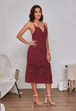 Burgundy Embroidery Lace V Neck Spaghetti Straps Evening Dress TQBA220725-23