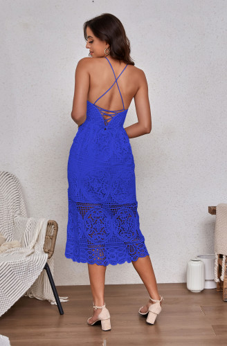 Blue Embroidery Lace V Neck Spaghetti Straps Evening Dress TQBA220725-5