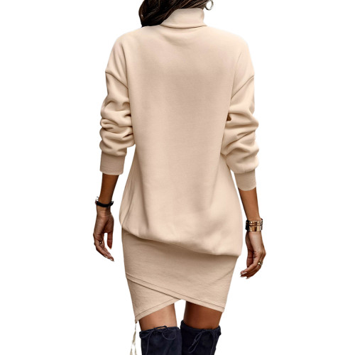 Apricot High Collar Zipper Irregular Sweater Dress TQK311283-18