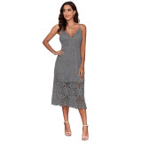 Gray Embroidery Lace V Neck Spaghetti Straps Evening Dress TQBA220725-11