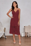 Burgundy Embroidery Lace V Neck Spaghetti Straps Evening Dress TQBA220725-23