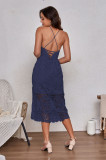Navy Blue Embroidery Lace V Neck Spaghetti Straps Evening Dress TQBA220725-34