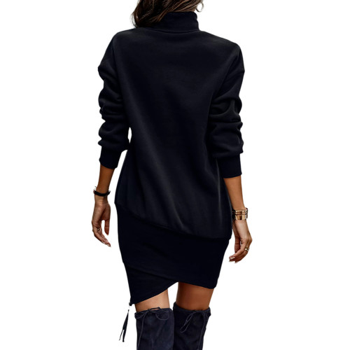 Black High Collar Zipper Irregular Sweater Dress TQK311283-2