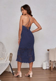 Navy Blue Embroidery Lace V Neck Spaghetti Straps Evening Dress TQBA220725-34