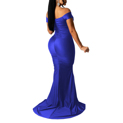 Blue Off Shoulder Pleated Split Maxi Evening Dress TQK311312-5