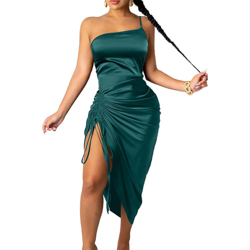 Green Satin Spaghetti Strap Drawstring Pleated Party Dress TQK311315-9