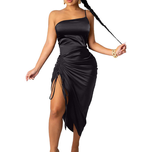 Black Satin Spaghetti Strap Drawstring Pleated Party Dress TQK311315-2