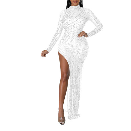 White All-over Rhinestones Mock Neck High Split Maxi Dress TQK311318-1