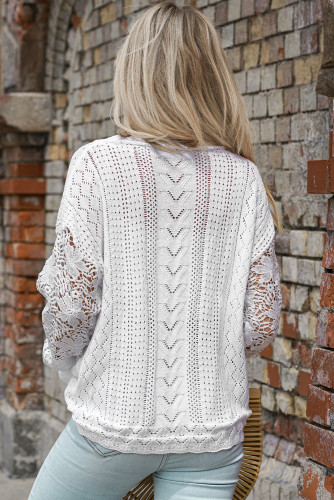 White Crochet Lace Pointelle Knit Sweater LC2721105-1
