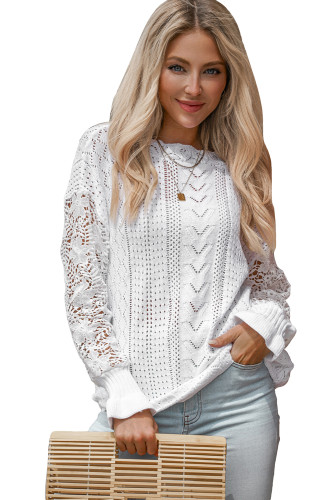 White Crochet Lace Pointelle Knit Sweater LC2721105-1
