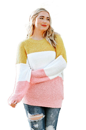 Yellow Colorblock Bubble Sleeve Plus Size Sweater PL272054-7