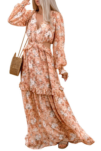 Apricot Frill Trim Cutout Waist Long Floral Dress LC6113239-18