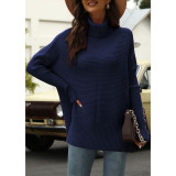 Navy Blue Turtleneck Side Split Pullover Knit Sweater TQBA2211071-34