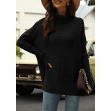 Black Turtleneck Side Split Pullover Knit Sweater TQBA2211071-2