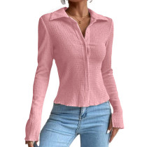 Pink Lapel Collar Split Long Sleeve Button Shirt TQX210164-10