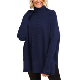 Navy Blue Turtleneck Side Split Pullover Knit Sweater TQBA2211071-34