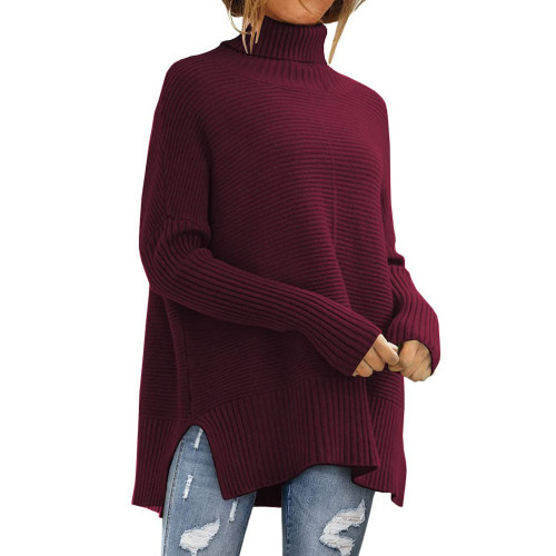 Burgundy Turtleneck Side Split Pullover Knit Sweater TQBA2211071-23