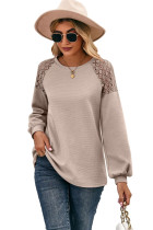 Khaki Lace Shoulder Patch Waffle Knit Long Sleeve Top LC25118519-16