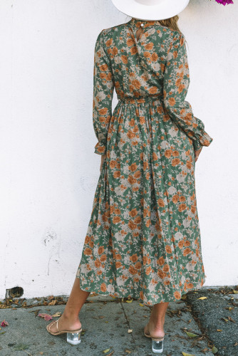 Green Pleated Long Sleeve Maxi Floral Dress with Tie LC6112938-9