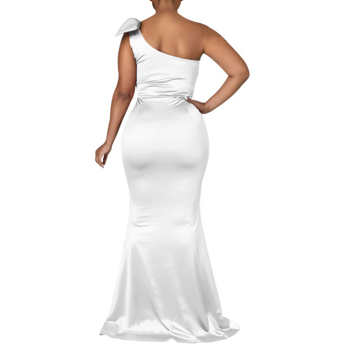 White Satin One Shoulder Fishtail Maxi Dress TQK311351-1