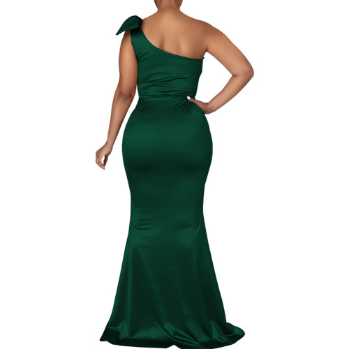 Dark Green Satin One Shoulder Fishtail Maxi Dress TQK311351-36