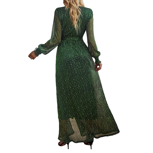 Green Sequin V Neck High Split Maxi Dress TQK311352-9