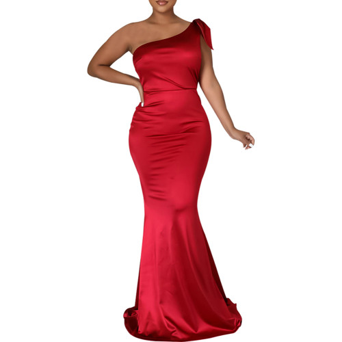 Red Satin One Shoulder Fishtail Maxi Dress TQK311351-3