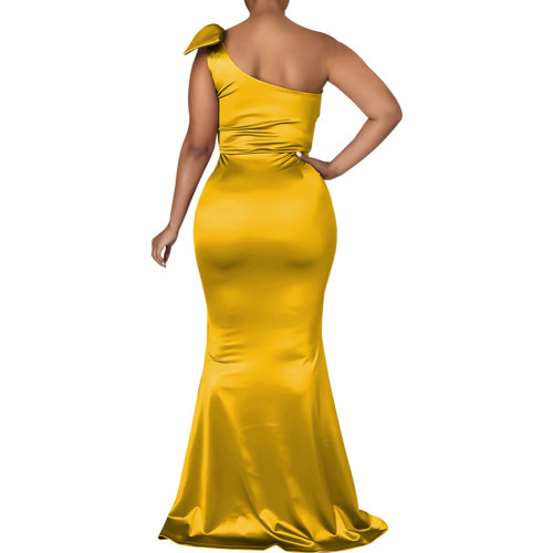 Yellow Satin One Shoulder Fishtail Maxi Dress TQK311351-7