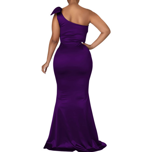 Purple Satin One Shoulder Fishtail Maxi Dress TQK311351-8
