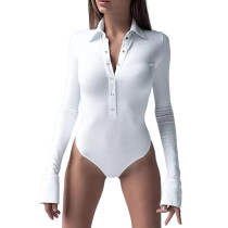 White Button Lapel Collar Long Sleeve Bodysuit TQV220148-1