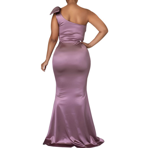 Light Purple Satin One Shoulder Fishtail Maxi Dress TQK311351-38
