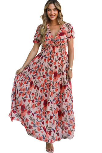 Red Floral Print Frilled V Neck Short Sleeve Maxi Dress LC6110075-3