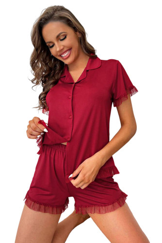 Red Lace Trim Short Sleeve Shirt and Shorts Set Sleepwear LC15438-3