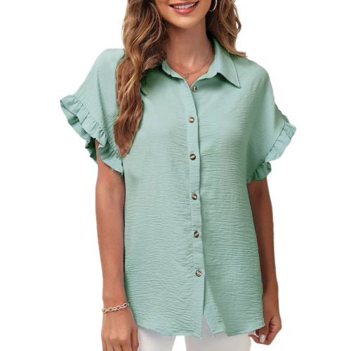 Pea Green Ruffled Short Sleeve Lapel Button Shirt TQX221058-64