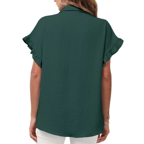 Dark Green Ruffled Short Sleeve Lapel Button Shirt TQX221058-36