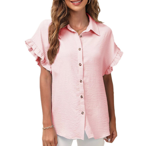 Pink Ruffled Short Sleeve Lapel Button Shirt TQX221058-10