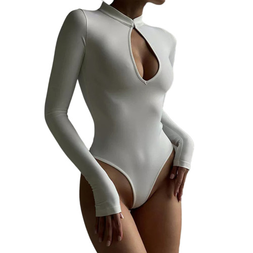 White Hollow-out Long Sleeve Bodysuit TQV220142-1