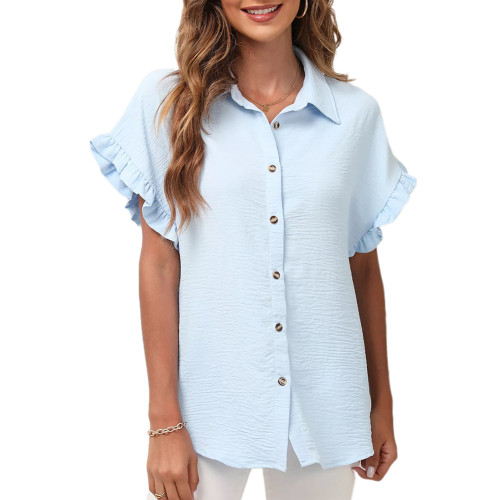 Light Blue Ruffled Short Sleeve Lapel Button Shirt TQX221058-30