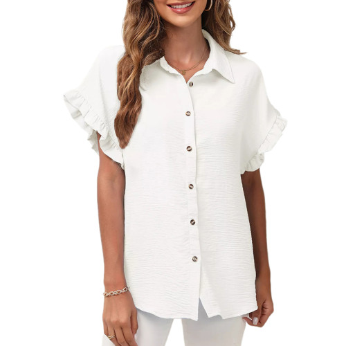 White Ruffled Short Sleeve Lapel Button Shirt TQX221058-1
