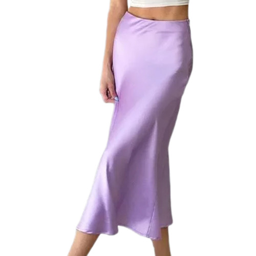 Light Purple Solid Satin High Waist Bodycon Maxi Skirt TQX360032-38