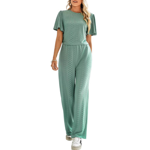 Pea Green Hollow-out Short Sleeve Top and Pant Set  TQX711084-64