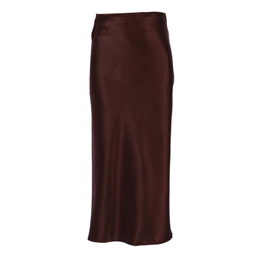 Brown Solid Satin High Waist Bodycon Maxi Skirt TQX360032-17
