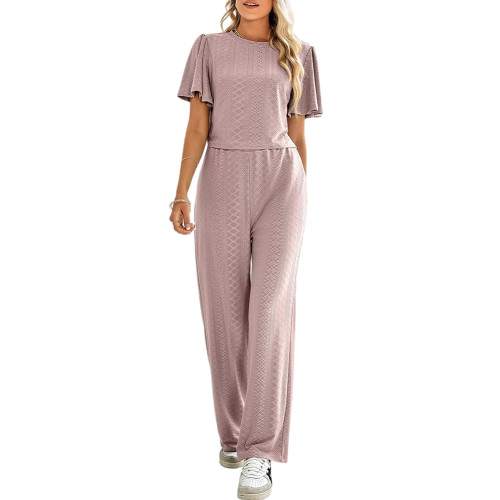 Dark Pink Hollow-out Short Sleeve Top and Pant Set  TQX711084-39