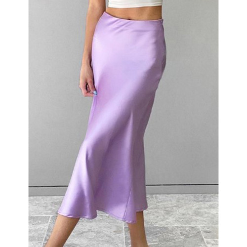 Light Purple Solid Satin High Waist Bodycon Maxi Skirt TQX360032-38
