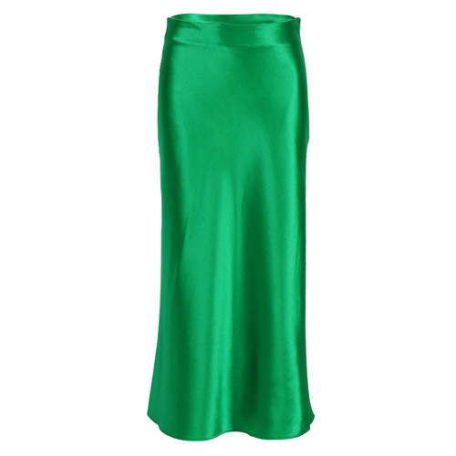 Green Solid Satin High Waist Bodycon Maxi Skirt TQX360032-9