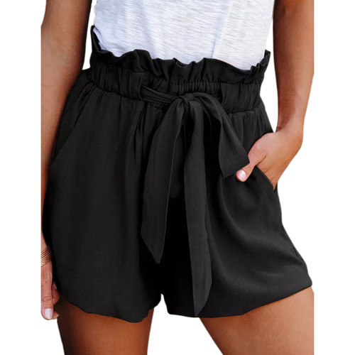 Black Lace-up High Waist Pleated Pocket Shorts TQV510082-2