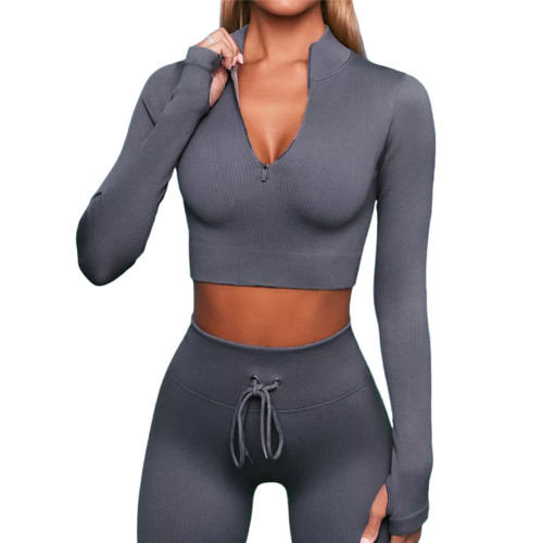 Gray Seamless Zipper Pullover with Drawstring Pant Yoga Set TQX711089-1