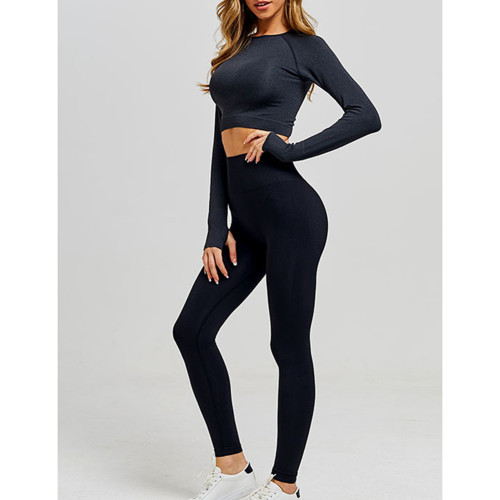 Black Knitted Seamless Long Sleeve and Pant Yoga Set TQX711090-2