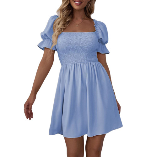 Light Blue Pleated Square Neck Short Sleeve Dress  TQK311362-30