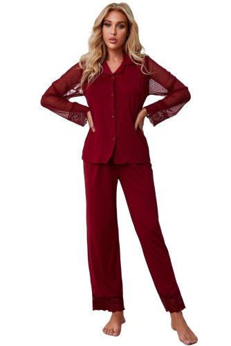 Red Lace Contrast Silk Satin Long Sleeve Lounge Set LC15433-3